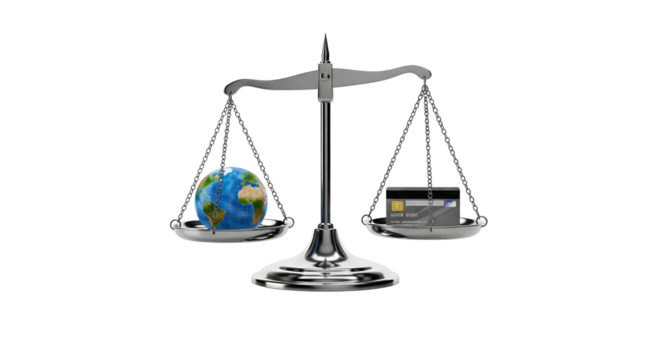 A conceptual image featuring a balance scale with a globe on one side and a credit card on the other, symbolizing global finance and economics, isolated on transparent background