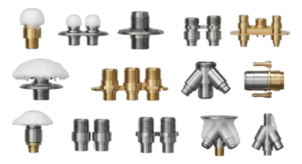 Collection Of Metal And Gold Connectors And Couplings With White Foam Elements isolated on Transparent Background