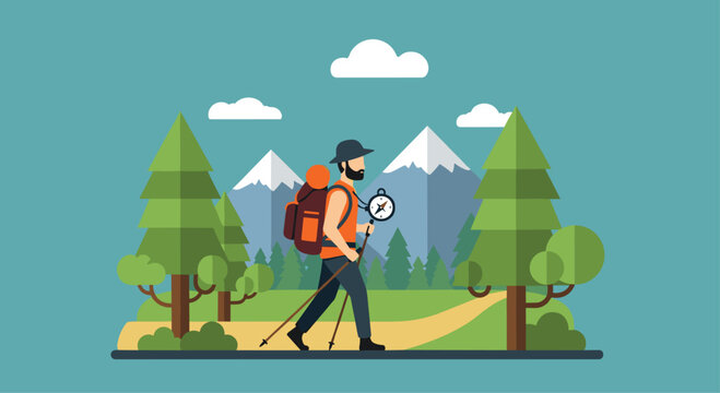 Adventure awaits with a hiker trekking through scenic mountain trails, ideal for travel blogs, outdoor gear ads, and nature-themed campaigns