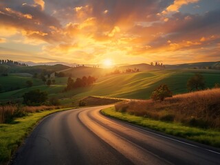 Fototapeta premium Winding country road at sunset with golden sky over rolling hills