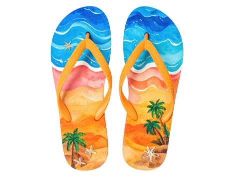 Watercolor flip-flops depict a beach scene waves, sand, palms, and starfish