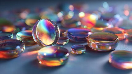 Closeup of iridescent glass orbs with rainbow reflections, scattered on a dark surface, creating a bokeh effect with vibrant colors and abstract beauty