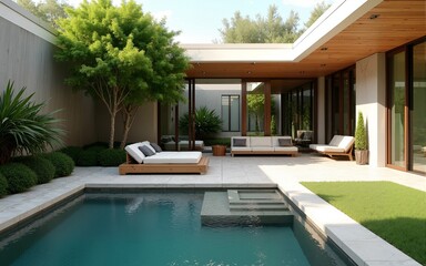 Fototapeta premium Minimalist Outdoor Lounge with Pool and Lush Greenery in Mediterranean Style Courtyard. High quality