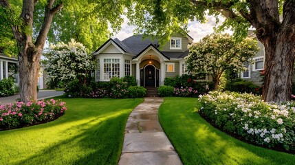 Fototapeta premium A beautiful house with a lush green lawn and a walkway leading to the front door.