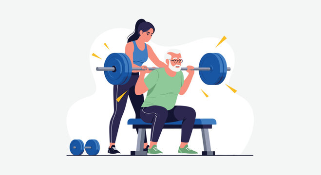 Senior man working out with barbell and personal trainer, embracing active lifestyle and fitness goals for a healthier future now - Powered by Adobe
