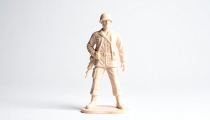 Plastic soldier figurine, uniform, rifle, against white