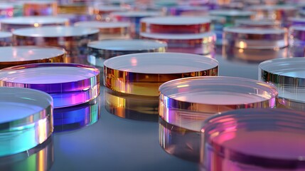 Abstract background of iridescent glass discs with colorful reflections, creating a futuristic and mesmerizing visual effect