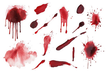 Collection of realistic red blood splatters and drips on black background stain