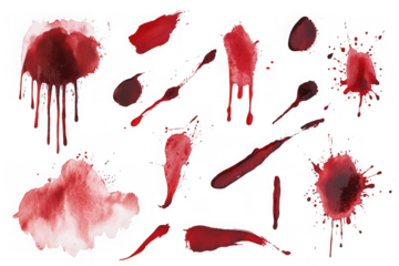 Collection of realistic red blood splatters and drips on black background stain