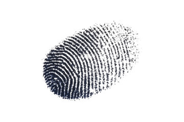 Dark blue fingerprint with scattered particles on black background human identity