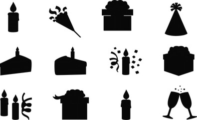 Fototapeta premium Celebration silhouette icons, birthday clipart, party symbols, candle vector, gift box illustration, festive elements, black decoration set, wine glasses