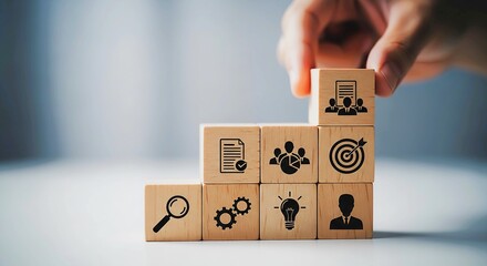 Wooden blocks depicting business strategy and teamwork concepts.