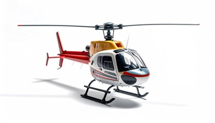 Helicopter toy model, red, yellow, white, on white background