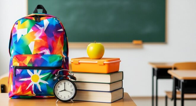 A colorful backpack, lunchbox, books, apple, and alarm clock on a desk in a classroom.