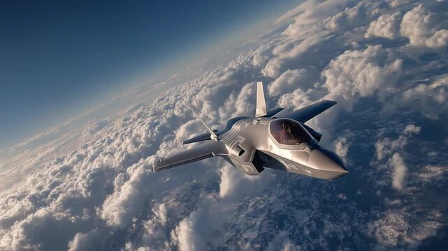 Sleek jet soars above vast clouds in clear blue sky