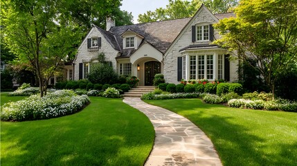 A beautiful house with a lush green lawn and a walkway leading to the front door.