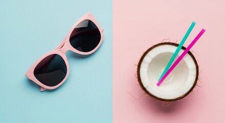 A pair of pink sunglasses rests on a pastel blue background next to a halved coconut with colorful straws.