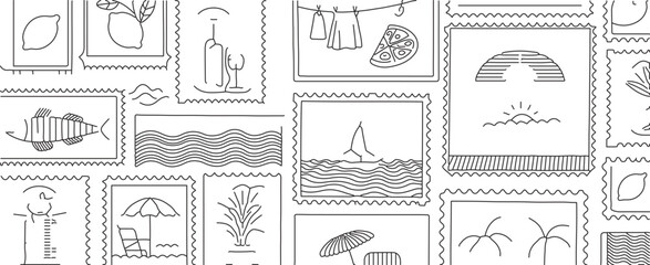 Charming vacation themed stamps pattern evokes summer fun perfect for travel blog, scrapbooking, or postcards with beach, sunshine, and relaxed vibes