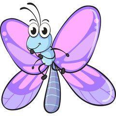 Cartoon Blue Butterfly With Large Purple Wings With Pink Accents And Big Eyes Smiling And Waving Its Wings On A Transparent Background
