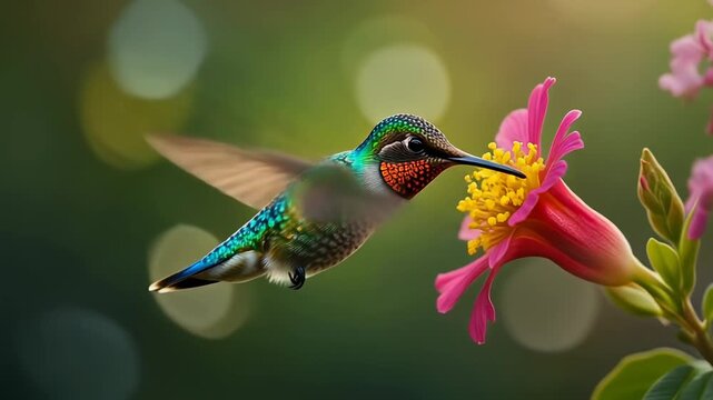 Un colibr&iacute; vibrante con plumas iridiscentes se alimenta de una flor rosa y amarilla en un jard&iacute;n soleado.