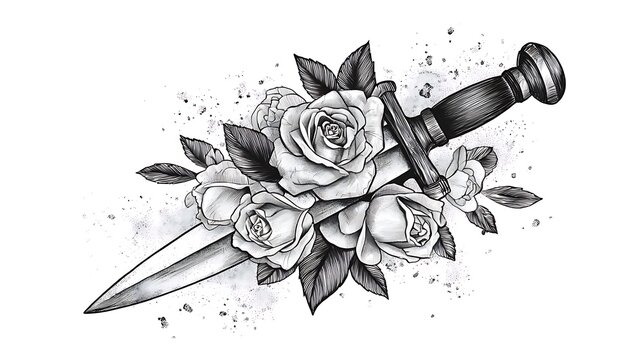 A black-and-white sketch of a traditional dagger tattoo, with roses wrapping around the blade.