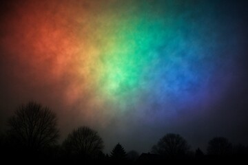 Fototapeta premium Rainbow Hues in the Sky: An ethereal rainbow paints the sky with vibrant colors, casting a serene glow over a landscape of silhouetted trees.