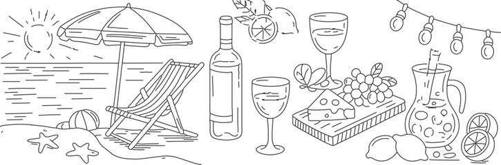 Elegant beach picnic scene with wine, cheese, and lemonade under a sunny sky, perfect for summer promotions and lifestyle content, originally a scalable graphic