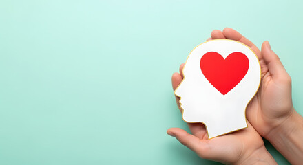 Holding a head with a red heart in the hands, symbol of love and positive emotion, charity and support