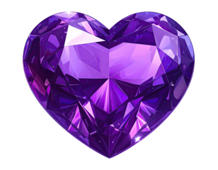 A brilliant purple gemstone shaped as a heart, facets catching the light