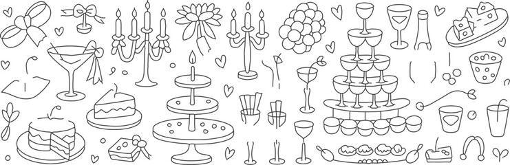 Elegant hand-drawn wedding celebration elements for invitations and decorations, perfect for creating a romantic, festive, and memorable ambiance