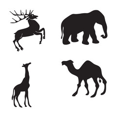 Wild animal Silhouettes, elephant,deer,giraffe,camel on white