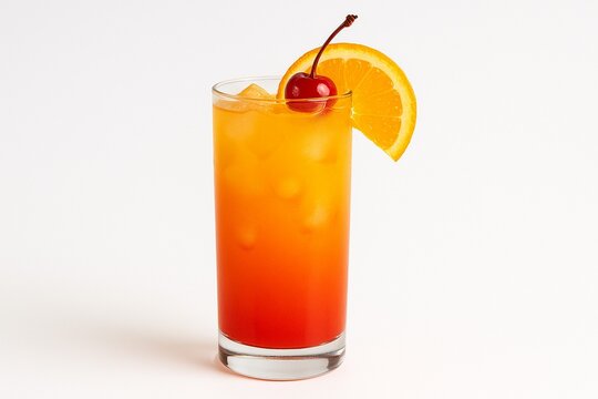 Tropical Sunset Cocktail: A vibrant, layered cocktail showcases a blend of orange, and red hues, adorned with a fresh cherry and a slice of citrus, offering a taste of paradise.