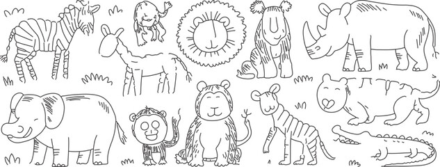Obraz premium Whimsical hand-drawn style animal collection featuring lion, tiger, elephant, zebra, rhino, crocodile, and more for children's coloring books