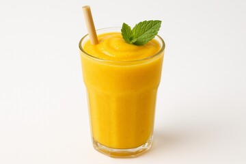Fototapeta premium Tropical Mango Smoothie: A refreshing and vibrant mango smoothie, garnished with a sprig of mint and a straw, promising a burst of tropical flavors.