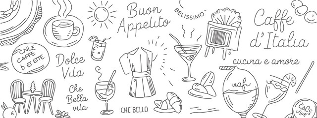 Italian cafe doodle art featuring coffee, cocktails, and food illustrations for menu design, food blogs, and restaurant promotions with a modern touch