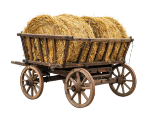 An antique wooden wagon, filled with golden hay bales, set against a blank backdrop
