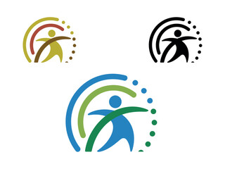 Abstract human figures with dynamic arcs and dots representing motion, health, or progress