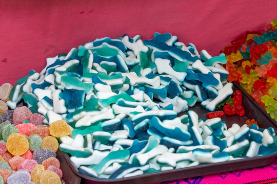 A tray full of blue and white shark-shaped gummy bears is placed on a table with other trays of gumm. Mexican Day of the Dead tradition, offerings, food, colors, decorations, and papel picado, La Catr