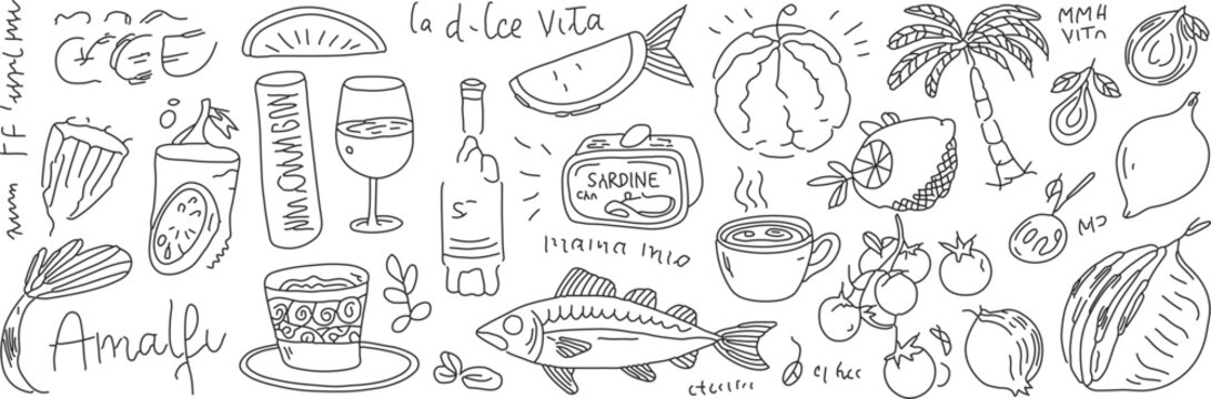 Hand-Drawn Mediterranean Summer Sketch: A vibrant collection of seafood, fruit, and Italian imagery capturing the essence of coastal living and culinary delights