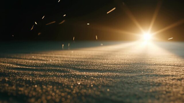 Slow cinematic close-up of soft warm light gradually illuminating snow-covered ground. Atmospheric winter glow emerging from darkness with subtle rays and particles. video footage video footage