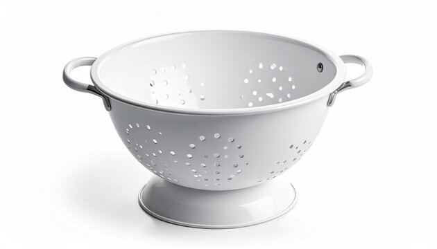 White enamel colander with holes, on white backdrop