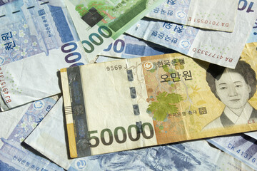 Pile of Korean banknote money.