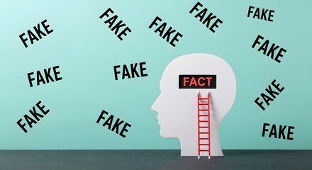 Ladder to the window in the brain with the word fact, surrounded by fake news, propaganda and conspiracy theory concept, media and manipulation issue