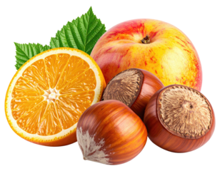 A vibrant collection of fruits and nuts, including a halved orange, apple, and hazelnuts