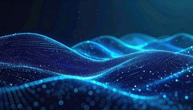 Abstract, luminous blue waves cascade in a dreamy, digital seascape with bokeh