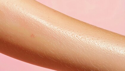 Fototapeta premium Close-up of a person's arm with a shiny, smooth surface and visible hair follicles against a soft pink background