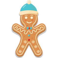 Cartoon Gingerbread Man With Blue Hat And Red Bow Tie Smiling On Transparent Background With Snowflakes Decoration