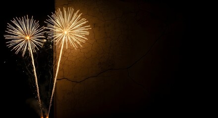 Two golden fireworks exploding in the night sky