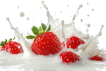 Ripe red strawberries splashing into creamy white liquid with black background strawberry fruit