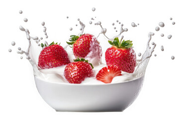 Ripe strawberries splashing into creamy white liquid in a bowl strawberry fruit